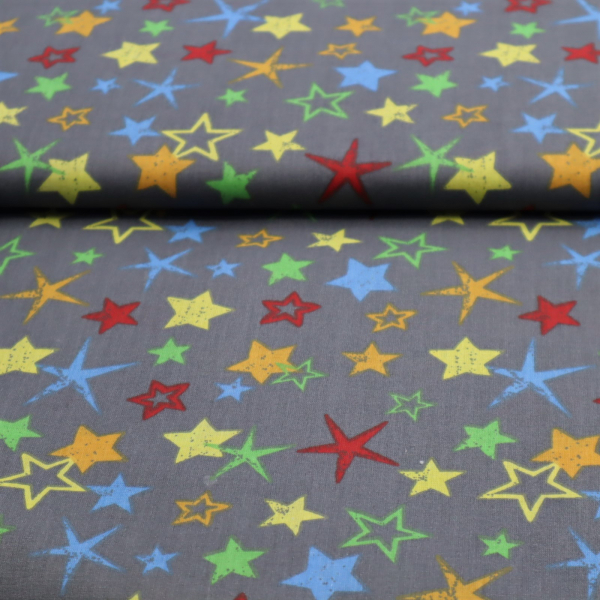 Bavlnená látka Farebné hviezdičky na sivom 140cm