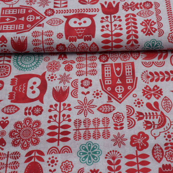 Dekoračná látka Loneta Red folk owl