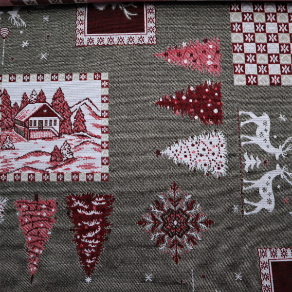Vianočná dekoračná látka GOBELIN obojstranný Červeno-sivé jelene a stromčeky