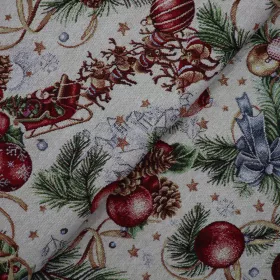 Vianočná dekoračná látka GOBELIN santa na saniach zdobené striebornou niťou