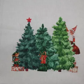 Loneta panel škriatkovia a vianočné stromčeky 45x45cm
