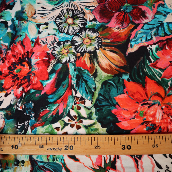 Viskozový úplet Digital Print Flowers Green