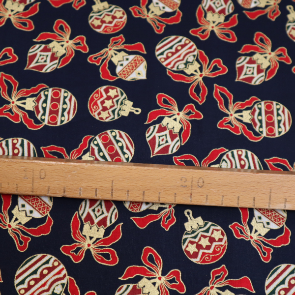 Vianočná bavlnená látka zlatotlač vianočné gule na modrej