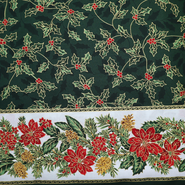 Vianočná bavlnená látka zlatotlač zelená obojstranná bordúra
