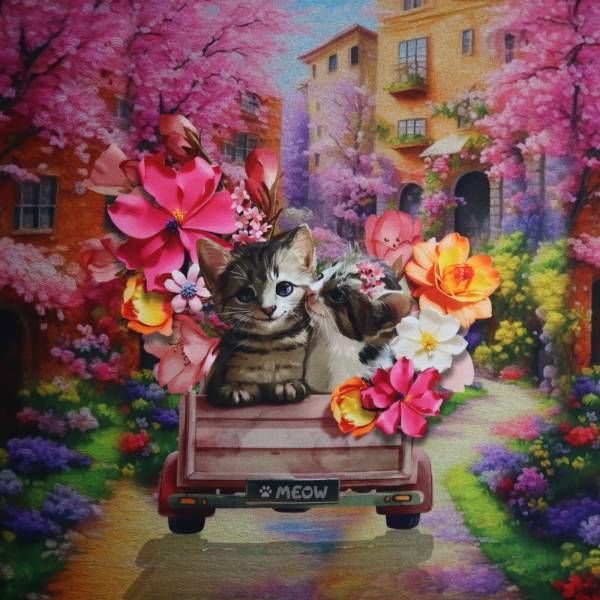 Úplet panel - mačička v aute 70x50cm