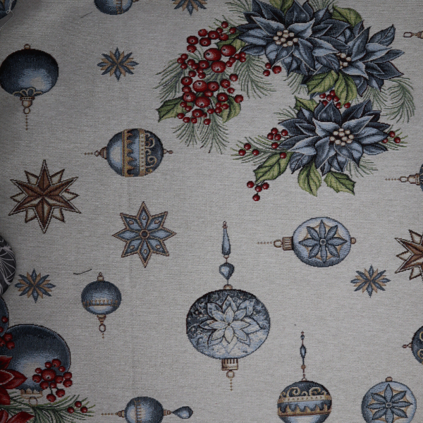 Vianočná dekoračná látka GOBELIN modré ozdoby