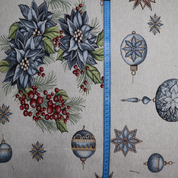 Vianočná dekoračná látka GOBELIN modré ozdoby