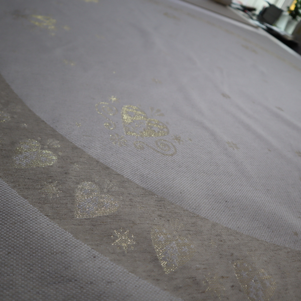 Jacquard panel kruhový obrus/sukňu - prírodno/zlaté srdiečka s lurexom Ø160cm