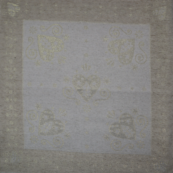 Jacquard panel - prírodno/zlaté srdiečka s lurexom 53x53cm