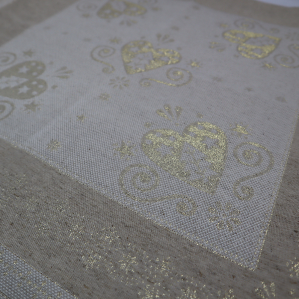 Jacquard panel - prírodno/zlaté srdiečka s lurexom 53x53cm
