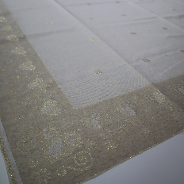 Jacquard panel obrus - prírodno/zlaté srdiečka s lurexom 160x160cm