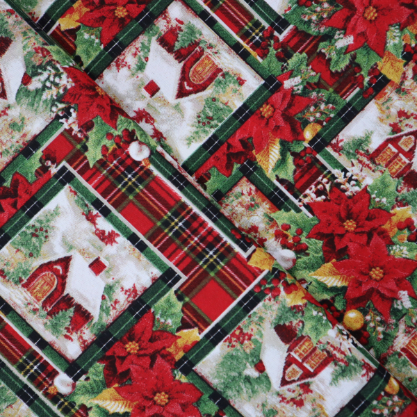 Vianočná dekoračná látka káro a chalúpka