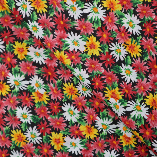 Bavlnená látka kvety na čiernej