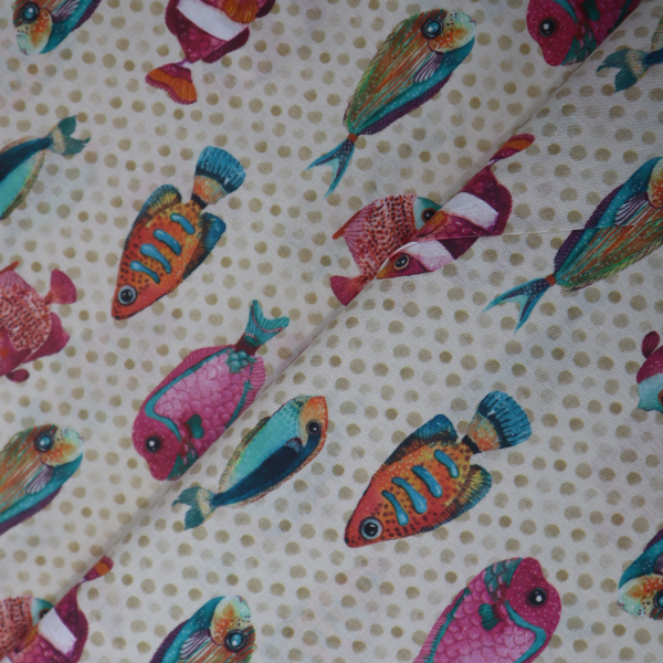 Bavlnená látka rybyčky na smotanovej