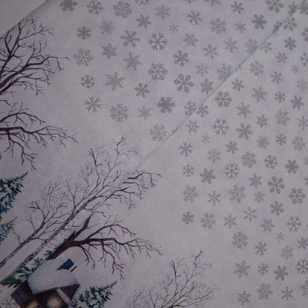 Vianočná dekoračná látka s bordúrou chalúpka