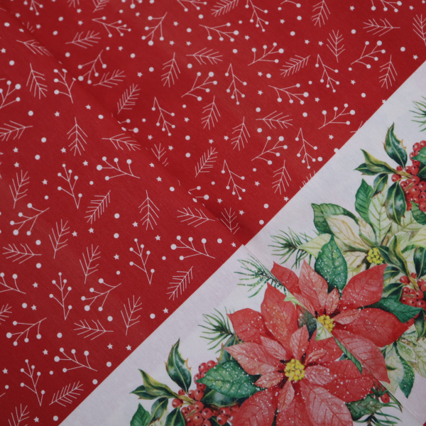 Vianočná dekoračná látka s bordúrou vianočná ruža