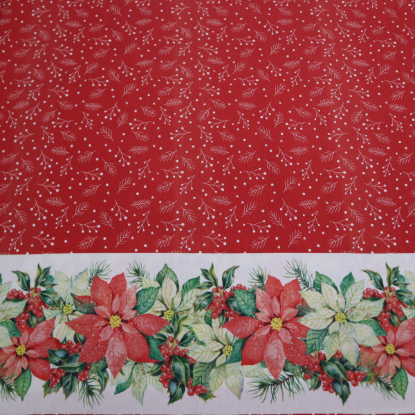 Vianočná dekoračná látka s bordúrou vianočná ruža