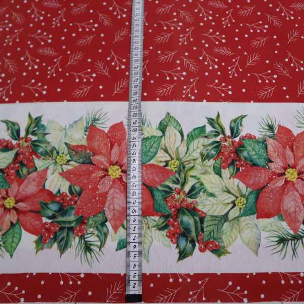 Vianočná dekoračná látka s bordúrou vianočná ruža